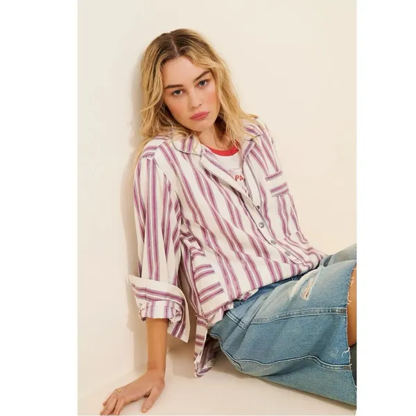 Free People Bohemian Preppy Pullover Shirt Tunic Ivory Stripes Coastal Medium - Image 4