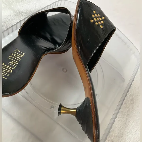 Black Leather Studded Brass Heels Slides Sandals Sz 8.5 Narrow made‎ in Italy - Image 6