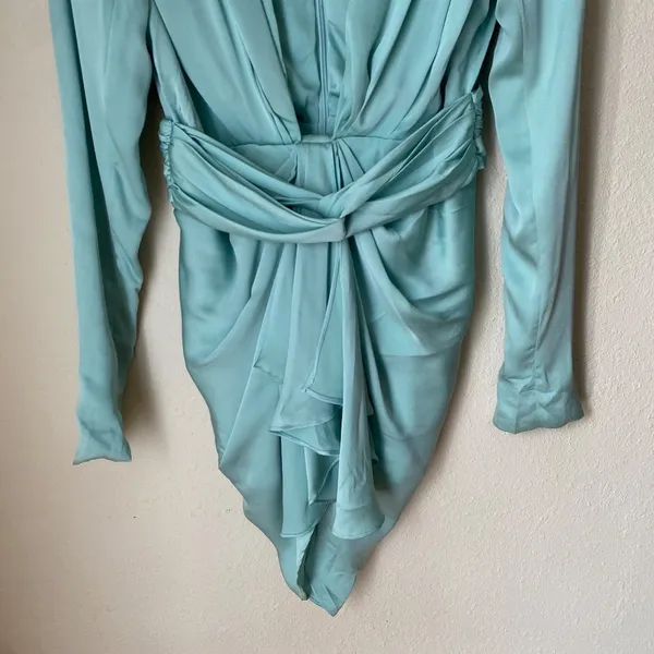 House of CB Pascale Aqua Draped Plunge Satin Mini Dress Womens Size M Mint Green - Image 11