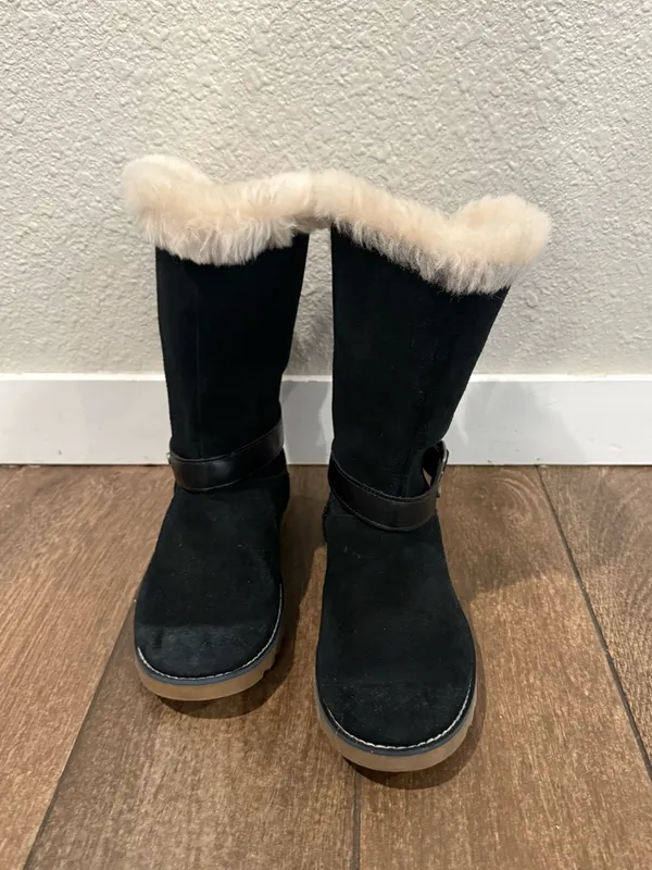 UGG Nessa Black Suede Shearling-Trim Buckle Mid-Calf Boots Size‎ 5 - Image 3