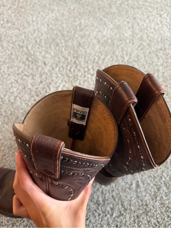 Frye Brown Billy Pull On Leather Studded Tall Cowboy Boot - Image 6