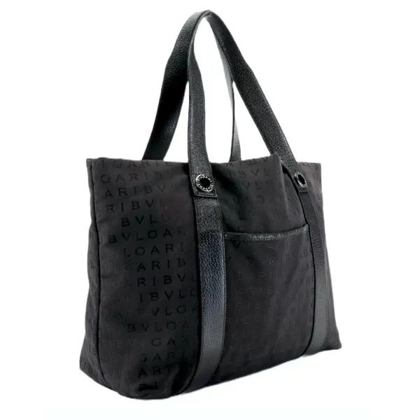 Bvlgari "Logo Mania" Black Signature Print Canvas Tote Bag With Leather Trim - Image 3