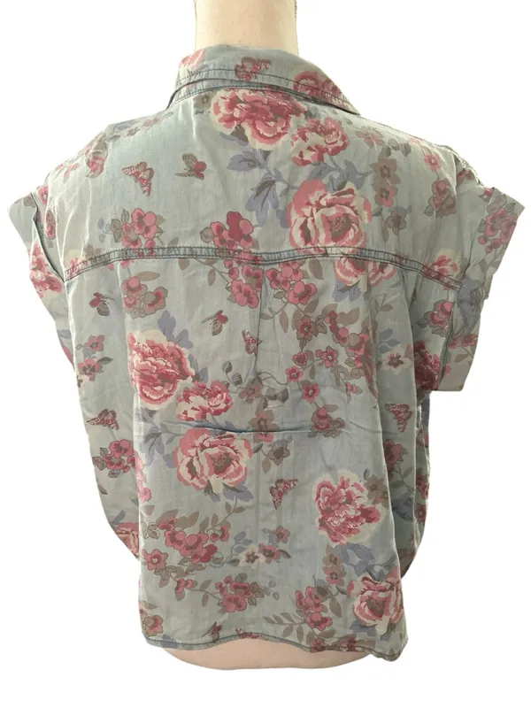 Highway Jeans Light Blue Button-Front Floral Tie Hem Shirt - Image 4