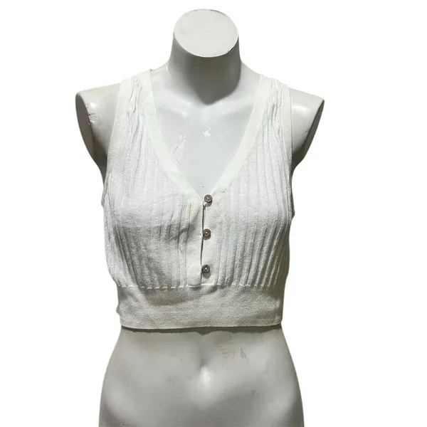 Free People Women's M White Ribbed Button Front Crop Top Vest - Image 7