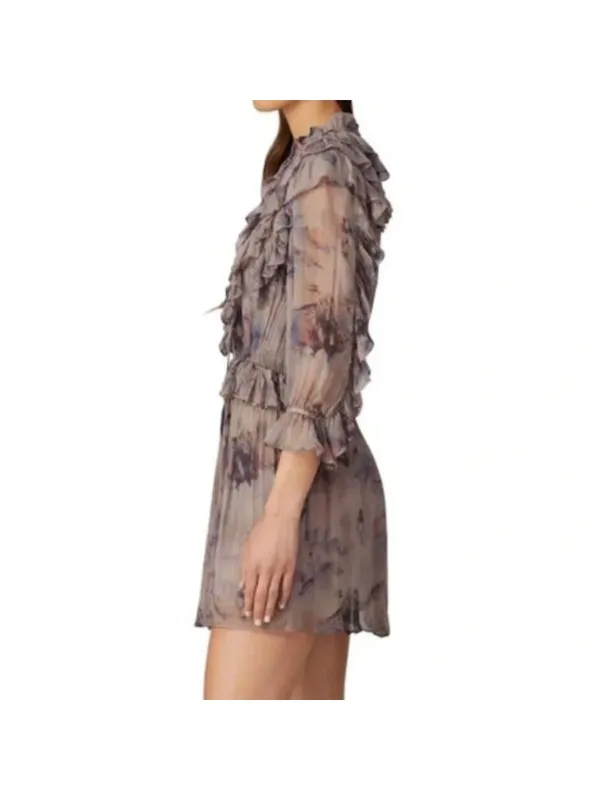 IRO Banon Floral Mauve Mini Blouson Ruffle Lace Up V-neck Dress 42 US 10 - Image 3