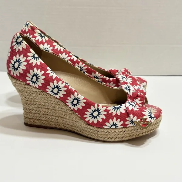 Tory Burch Dory Red Floral Canvas Peep Toe Wedge Espadrilles Size 7.5 Beachy - Image 2