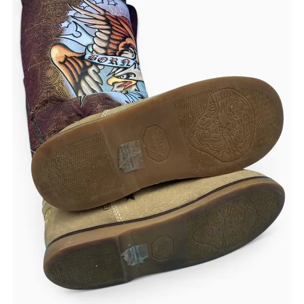 Vintage Y2K Ed Hardy Born Free Eagle Boots Womens 7 Suede Fur Lined Tattoo - Image 5