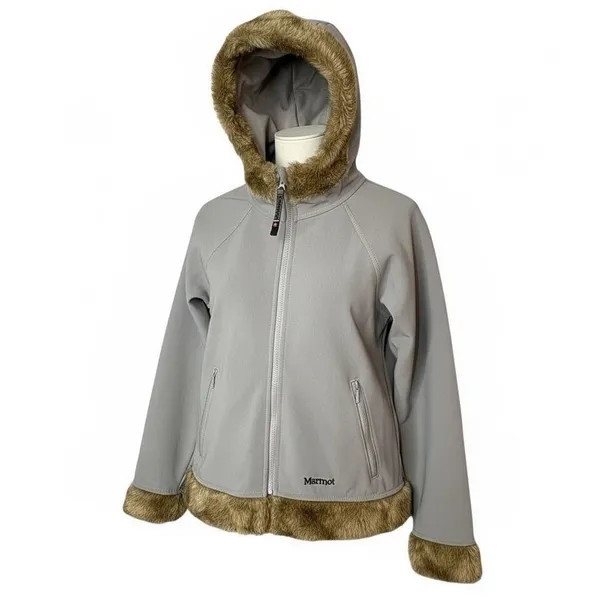 Marmot Softshell Jacket Women Medium Gray Faux Fur Trim Hooded Full‎ Zip Outdoor - Image 2