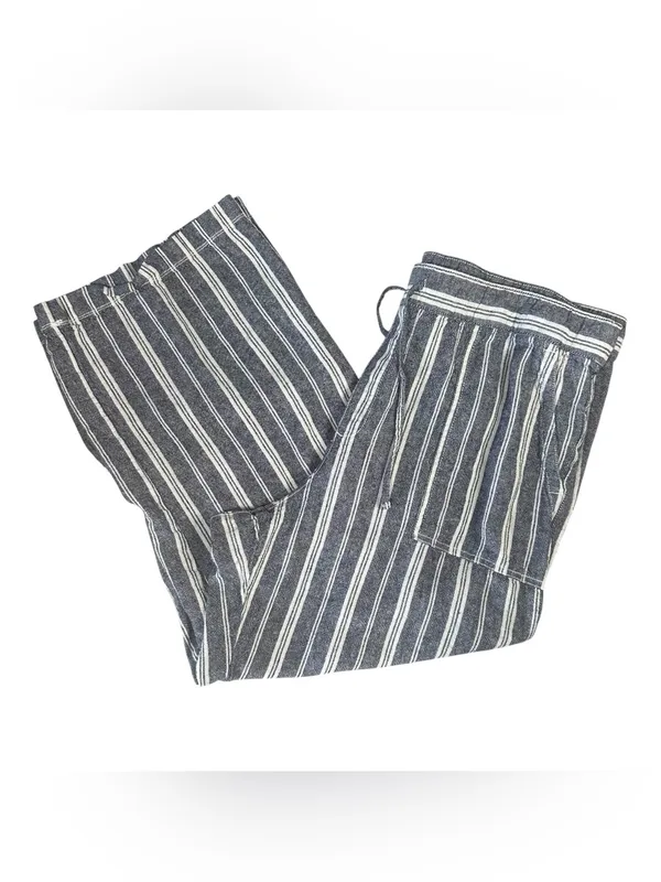 GAP Blue and White Vertical Stripe Wide-Leg Drawstring Linen Pants - Image 5