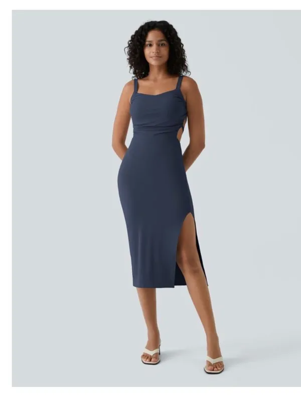 Halara S Navy Midi Dress Lace Up Side Cutouts & Ruched Details Size Small Nylon - Image 3