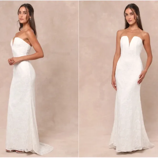 LULU's Sexy Bridal Wedding Chic Elegant Lace Bustier Sophisticated Maxi Gown - Image 3