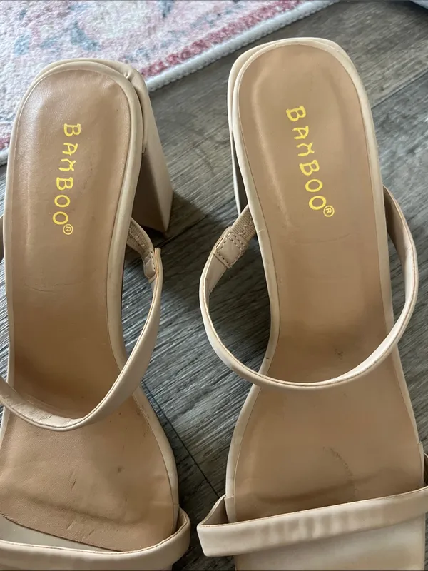 BAMBOO Beige Strappy Square-Toe Block Heels - Image 3