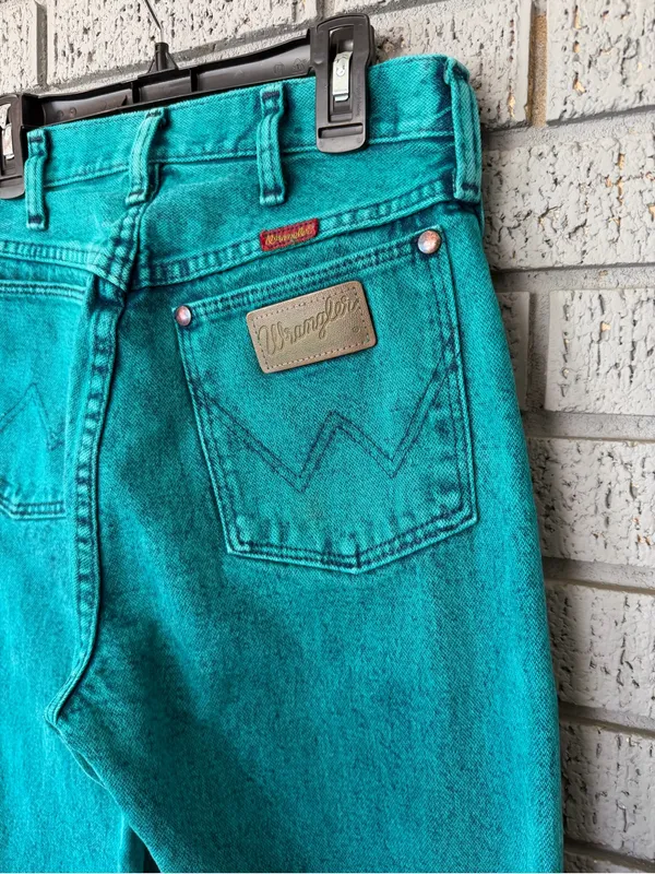 VTG 90s Wrangler Wedgie High Rise Cowgirl Jeans 14MWZ Teal Green Acid Wash 5x32 - Image 5