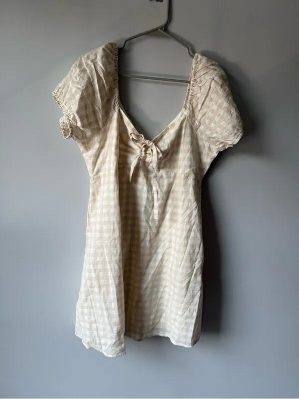 Lulus Love Sweetly Beige Gingham Puff Sleeve Mini Dress Checkered Beige White XL - Image 3