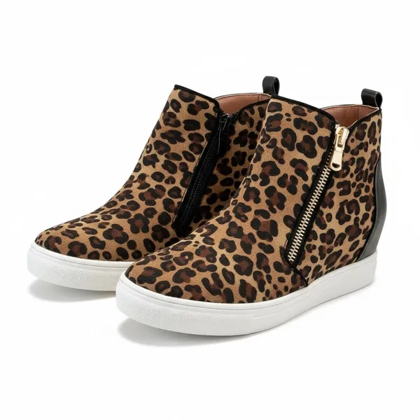 Le Sheelah Leopard Print Wedge Sneakers‎ Hidden Zipper Ankle Boots Size 6 - Image 4