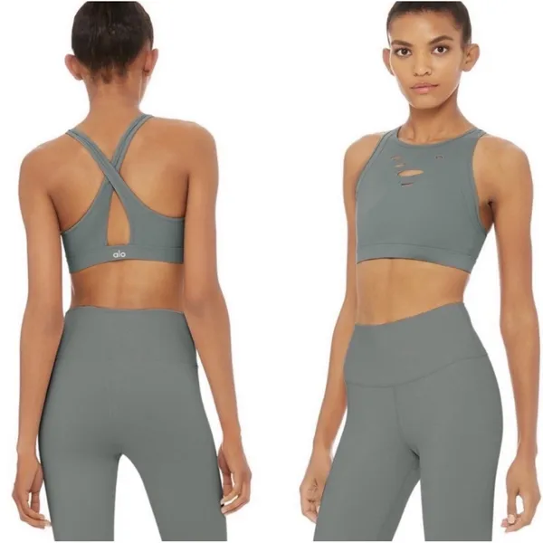 Alo‎ Yoga Warrior Ripped Sports Bra Gray Cross Back Strappy Size S Yoga Gym Chic - Image 4
