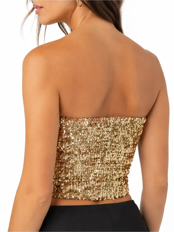 Gold Sequin Paillette Tube Top One Size S M Stretch Strapless Crop Party Y2K - Image 4