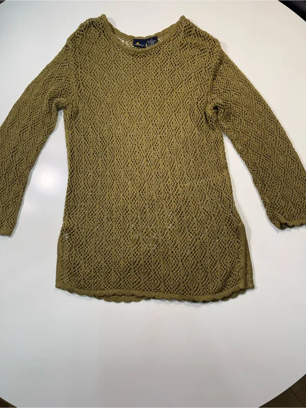 Liz Sport Linen Cotton BlendSheer Olive Green Open-Knit Long Sleeve Swim Coverup - Image 2