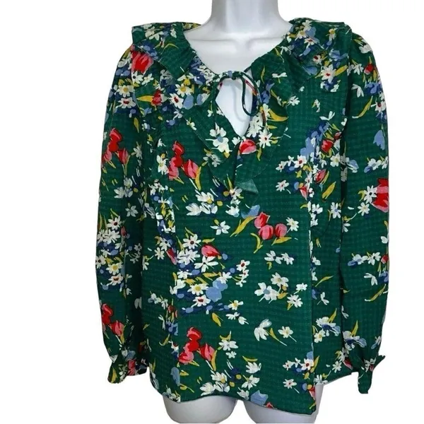 LOFT Green Floral Bouquet ‎ Ruffle Trim Tie Neck Blouse L/S NWOT Size Small - Image 2