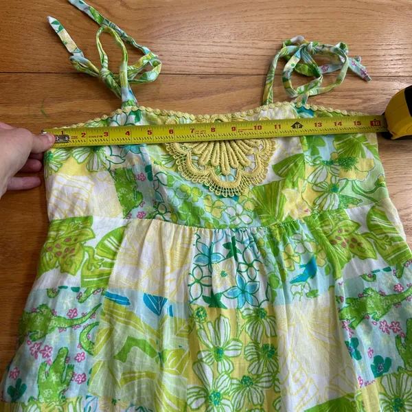Lilly Pulitzer Patchwork Linen‎ Dress Size 4 Green Yellow Floral Tie Strap Lace - Image 6