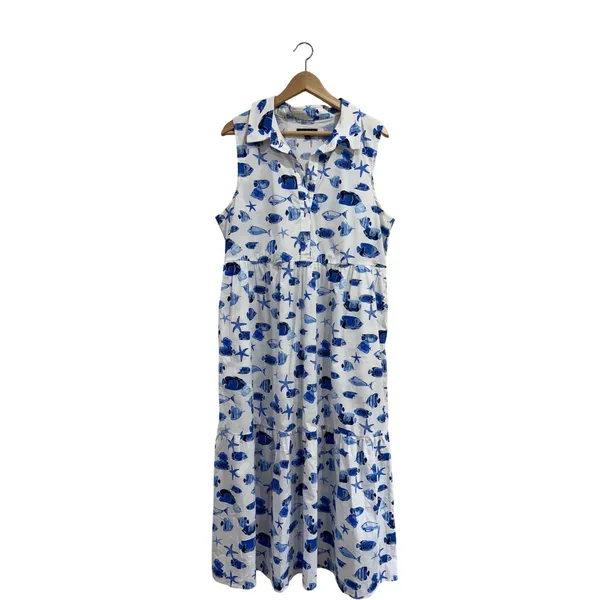 Rachel Zoe Blue White Tropical Fish Starfish Print Tiered Midi Shirt Dress XL - Image 2