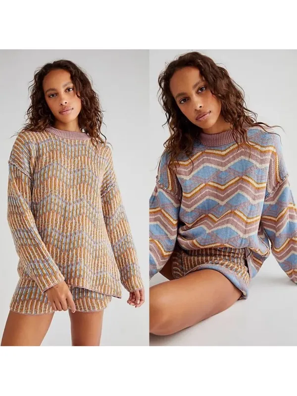 Free People Beach Malibu Pattern Textured Oversized Crew Neck Sweater Boho - Image 2
