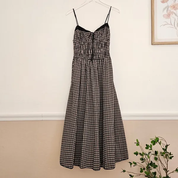NIA Black Tan Gingham Smocked Midi Thomas Dress Lace Trim Pockets Womens Medium - Image 2