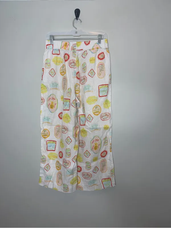 Cynthia Rowley Linen Pants Womens M Olive Oil Print Wide Leg Resort Coastal - Image 4