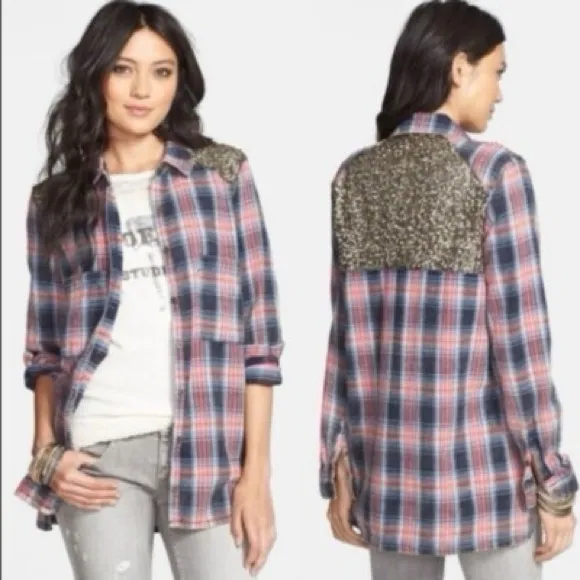 Free people little bit of sugar red plaid sequin flannel shirt - Image 4