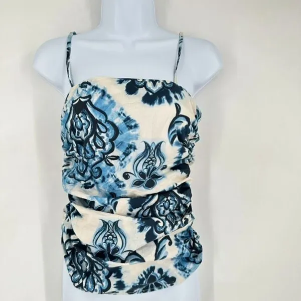 NWT Zara XS Floral Printed Ruched Cami‎ Tank Top Y2K Inspired THE OC White Blue - Image 3