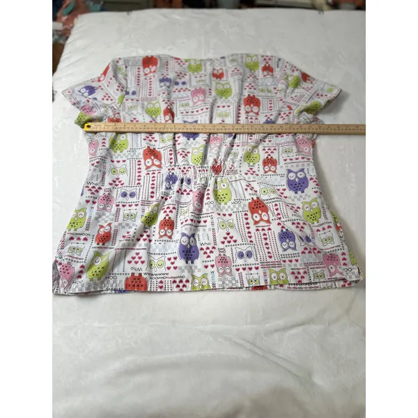 Dickies Womens Owl Print Scrub Top White Multicolor V-Neck Short Sleeve XL - Image 4