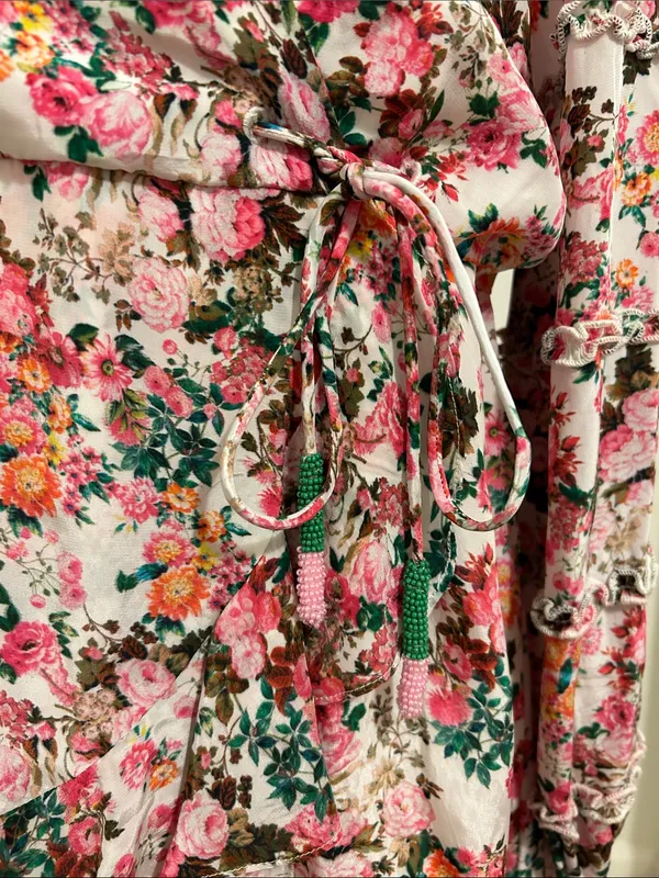 Rococo Sand Vie Floral Ruffle Mini Dress New Size Large Beaded Tie Resortwear - Image 7