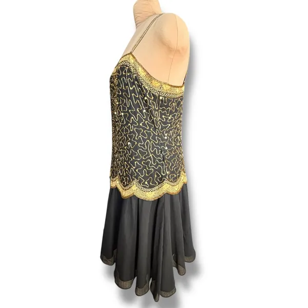 Vintage Beaded Black Gold Drop Waist Metallic Sequin Cocktail Dress Sleeveless 4 - Image 5