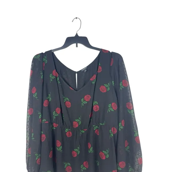 Torrid Size 3 Black Rose Print Peplum Blouse Sheer Sleeves Romantic Gothic 3X - Image 2