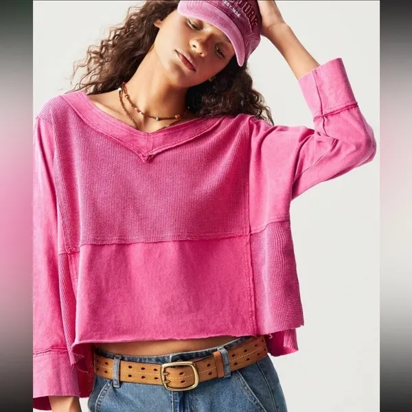 Boho patchwork oversized cropped Vneck 3/4 sleeve NEW - Image 2