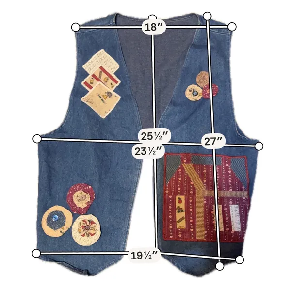 Vintage Women XL Patchwork Denim Vest Blue‎ Folk Art House Applique Artistic - Image 7