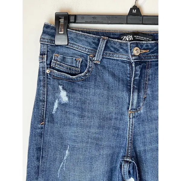 Zara Blue Medium Wash Denim Distressed Raw Cut Hem Skinny‎ Jeans 2 - Image 4