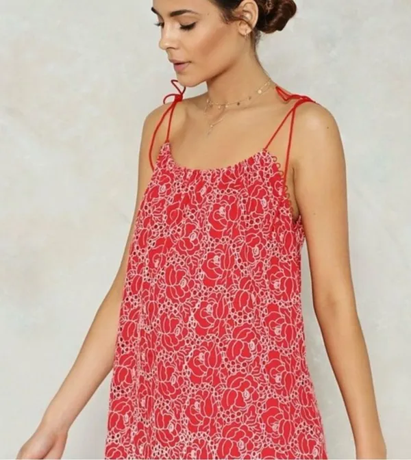 Nasty Gal Red and White Floral Eyelet Dress - Image 3