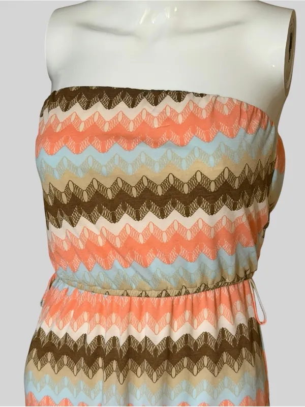 Wishful Park Strapless Maxi Dress in Coral, Light Blue & Brown Chevron - Image 3