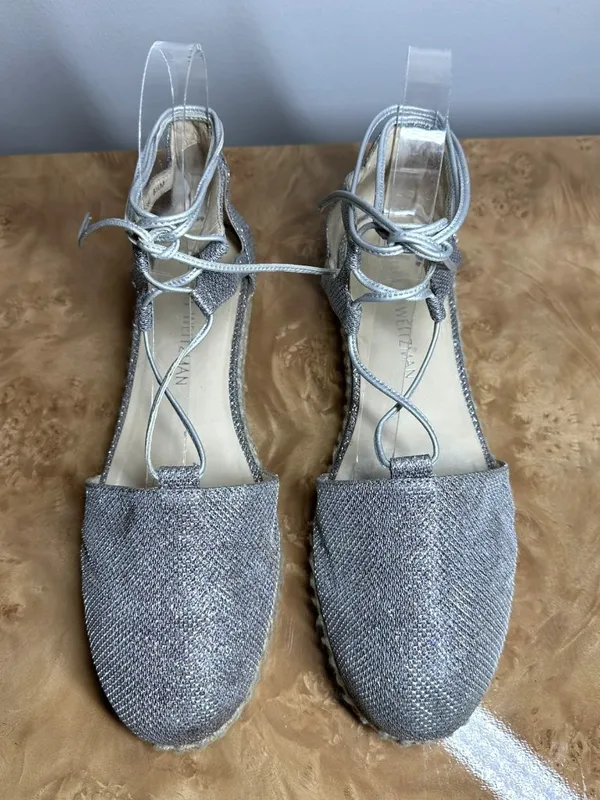 Stuart Weitzman Silver Metallic Lace-Up Espadrille Flats Size 8.5M - Image 2