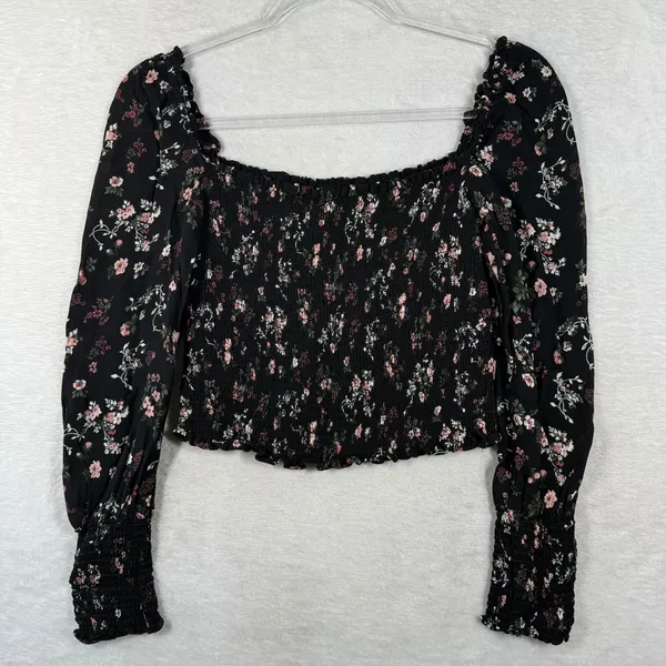 Reformation Black Floral Smocked Crop Top Square Neck Long Sleeve Small - Image 7