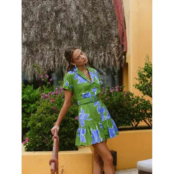 Hutch‎ Green Blue Floral Belted Mini Shirt Dress NWT XS Short Sleeve Ruffle Hem - Image 2