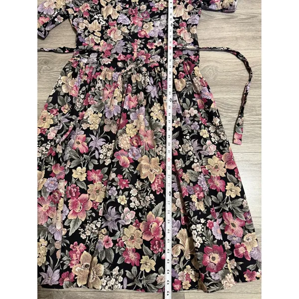 Miss Dorby Vintage 90s Floral Midi Dress L Black Purple Button‎ Front USA Made - Image 9