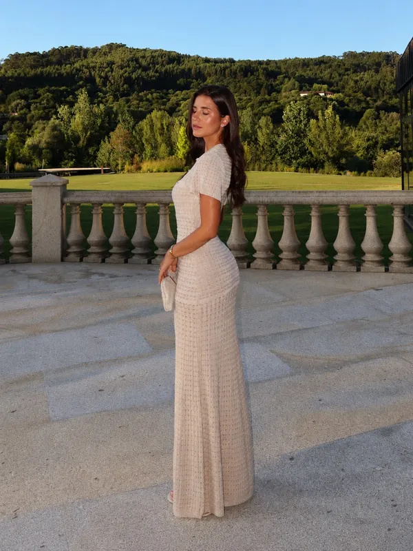COMMENSE Short Sleeve Crochet Knit Mermaid Maxi Dress Khaki Gold Size S NWT - Image 13
