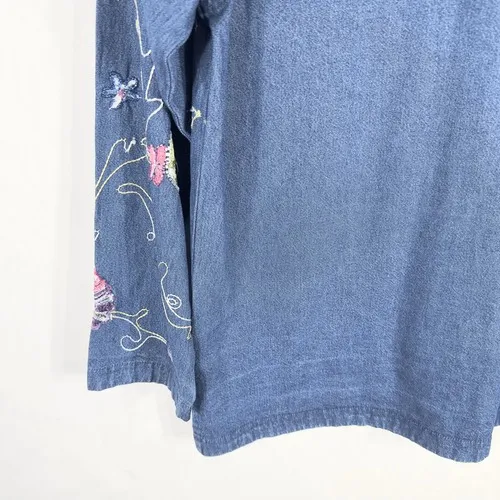 Jane Ashley Medium Petite Top Shacket Beaded‎ Denim Blue Embroidered Button 311 - Image 7