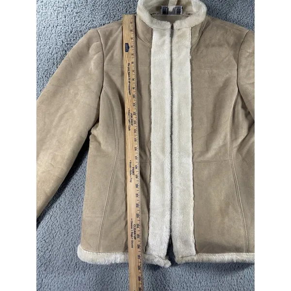 Faux‎ Suede Shearling Jacket Women Tan Faux Fur Trim Zip Up Coat - Image 4
