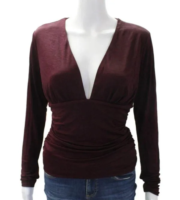 NWT Reformation Ines Knit Top in Wine V-neck Long Sleeve Ruched Blouse M - Image 7