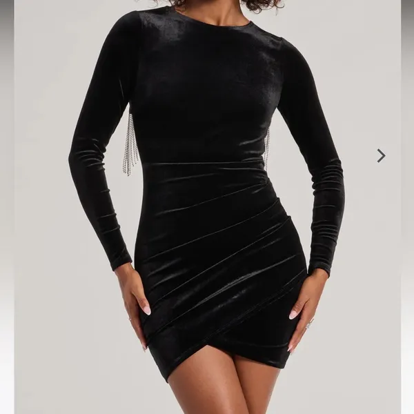 Rhinestone Fringe Backless Velvet Mini Dress Size Small - Image 3
