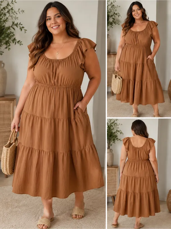 Skies Are Blue Curvy 2X Camel Brown Tiered Midi Dress Flutter Sleeve NWT - Image 2