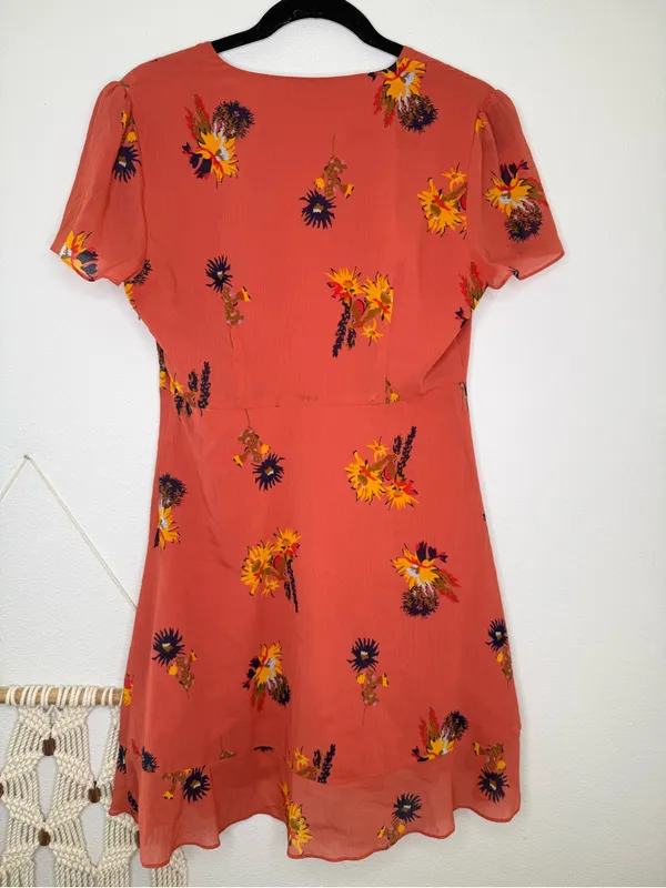 Madewell Dress Posy Cactus Flower Coral Orange Pink floral print wrap ruffle - Image 3